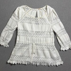 FREE PEOPLE Women’s S Blouse White Lace Knit 3/4 Sleeve Tie Waist Keyhole Back